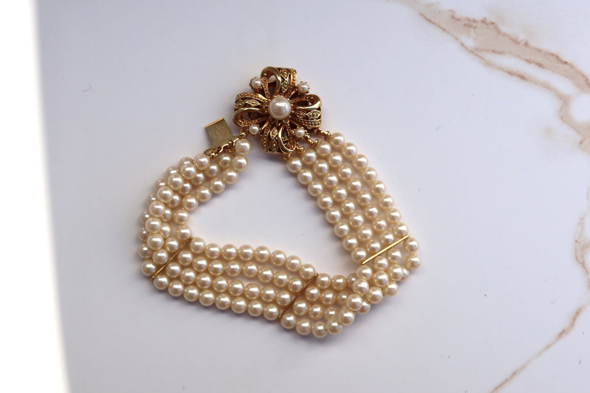 4-Strand Faux Pearl & Gold-Toned Bow Bracelet