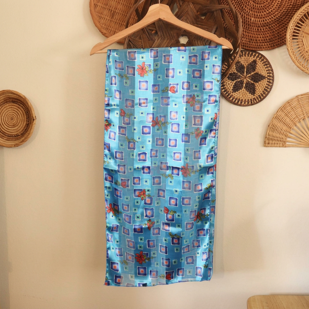 Blue Shiny Geometric & Floral Scarf