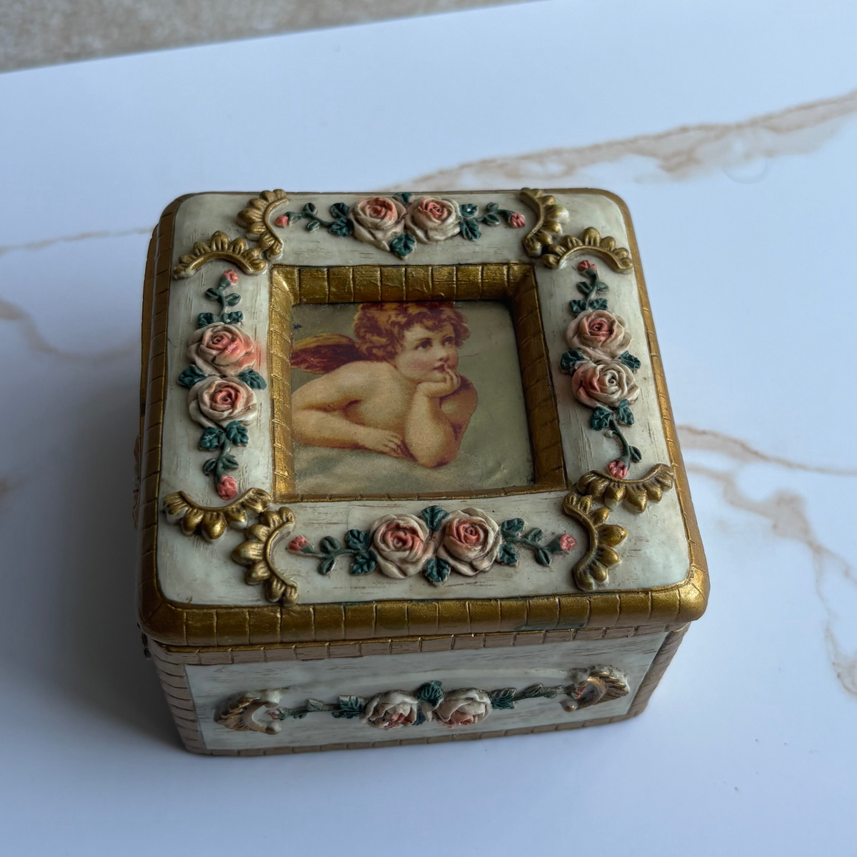 Victorian Style Cherub & Pink Rose Gilded Trinket Box