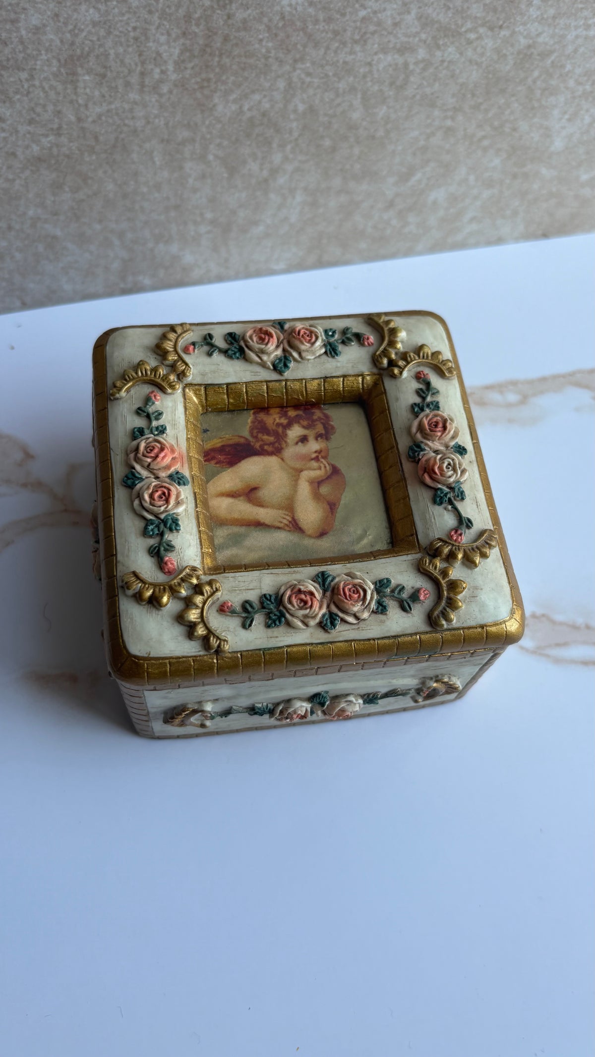 Victorian Style Cherub & Pink Rose Gilded Trinket Box