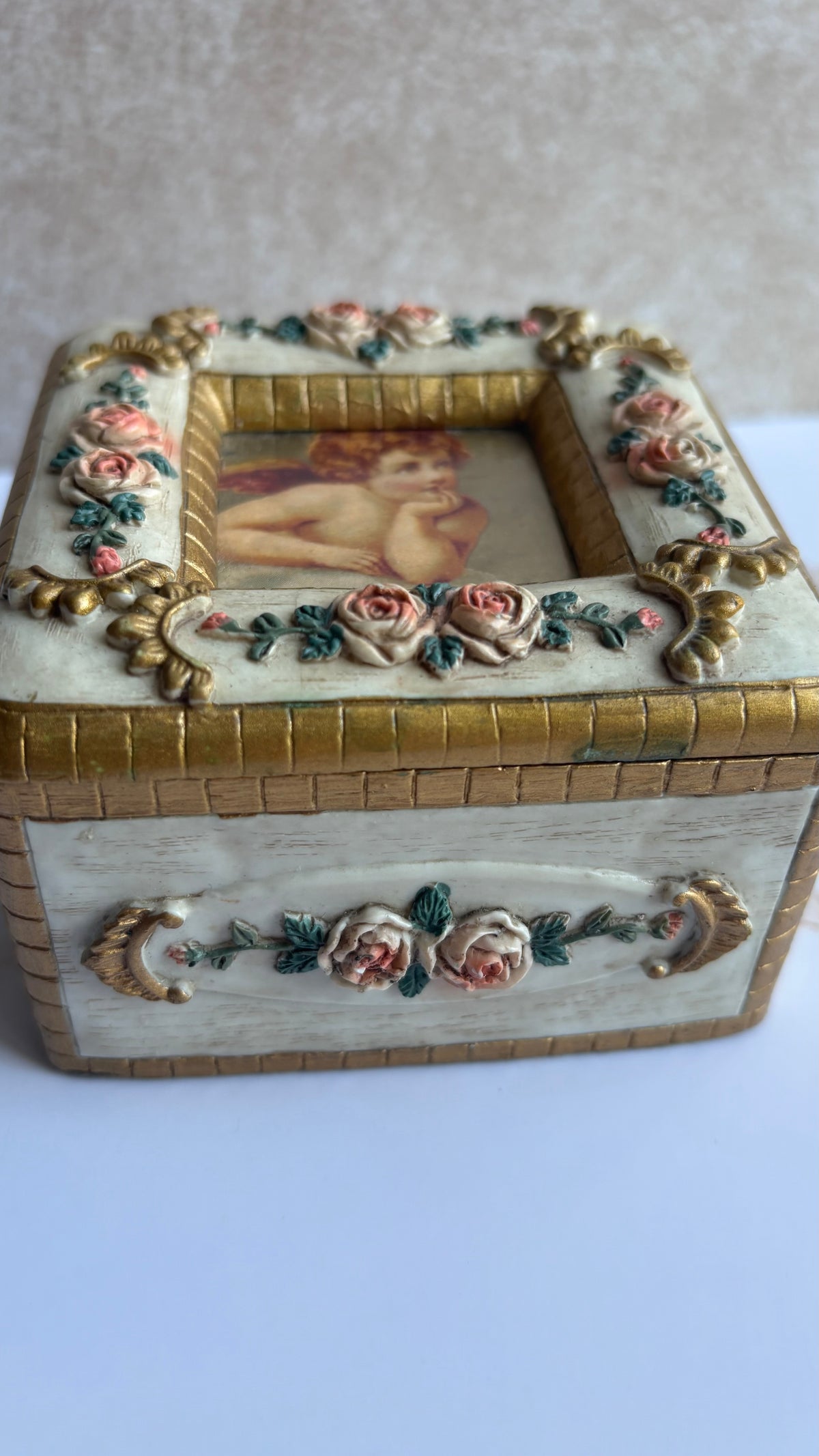 Victorian Style Cherub & Pink Rose Gilded Trinket Box