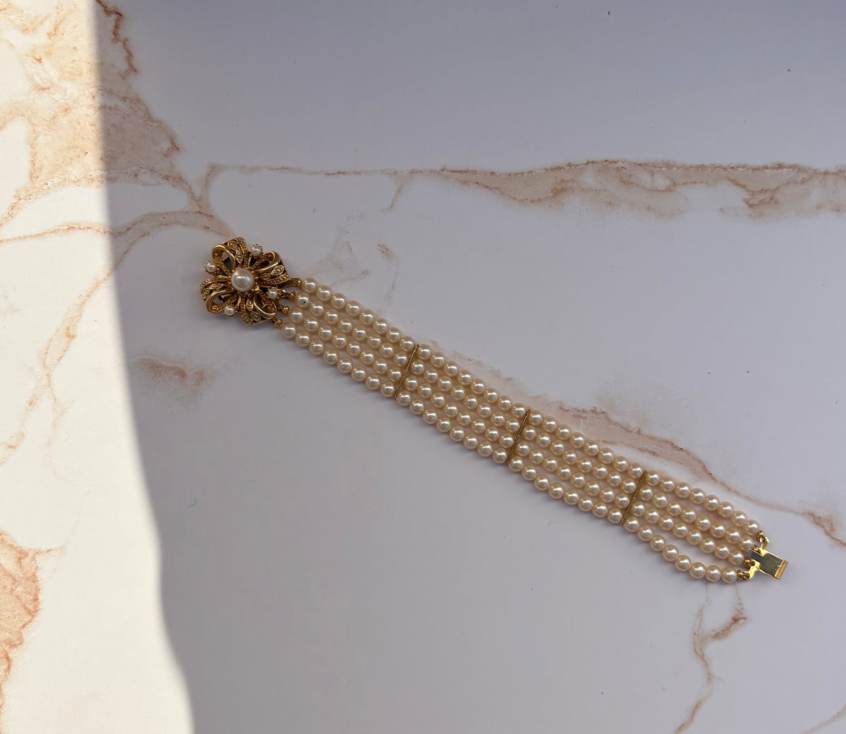 4-Strand Faux Pearl & Gold-Toned Bow Bracelet