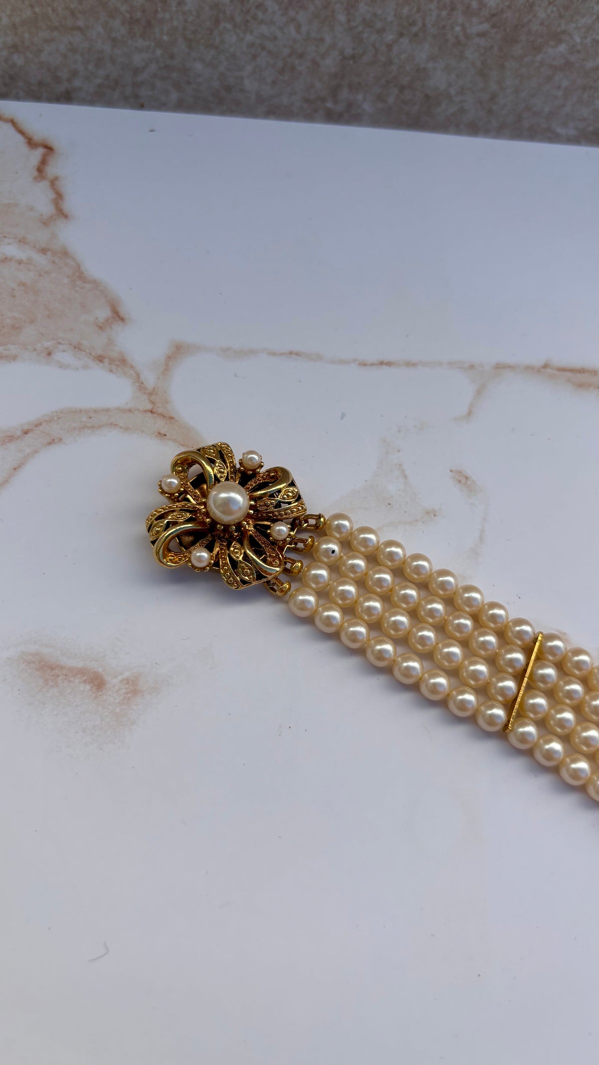 4-Strand Faux Pearl & Gold-Toned Bow Bracelet