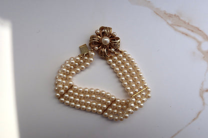 4-Strand Faux Pearl & Gold-Toned Bow Bracelet