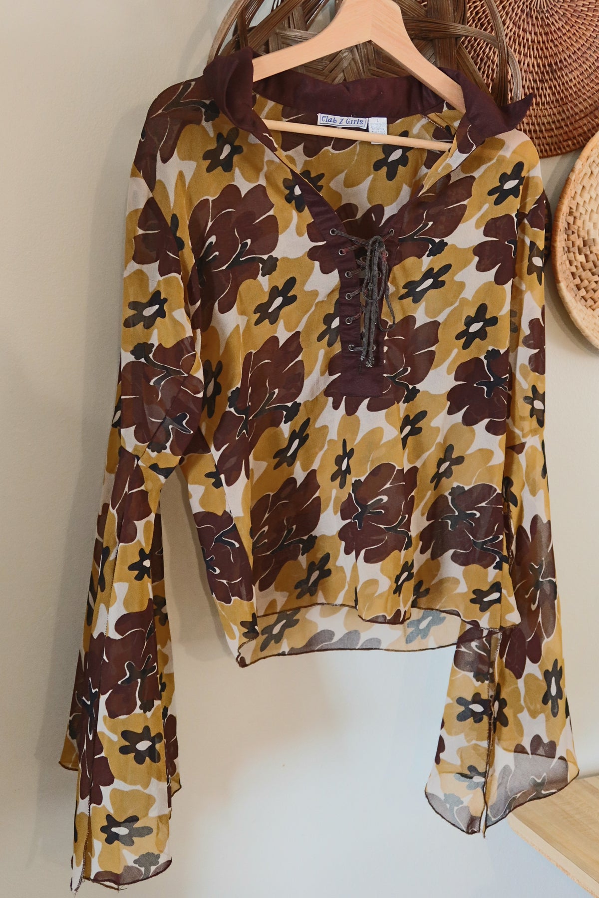 Club Z Girls Sheer Floral Bell Sleeve Blouse (Sm-Med)