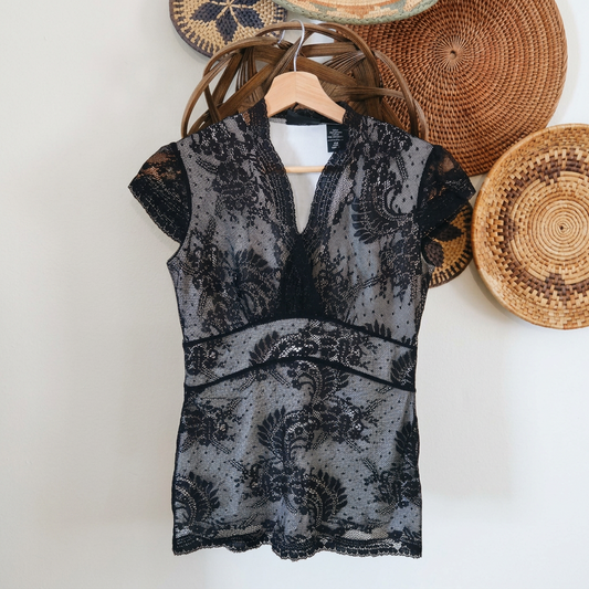 NY&Co Black Lace Cap-Sleeve Top (XS-S)
