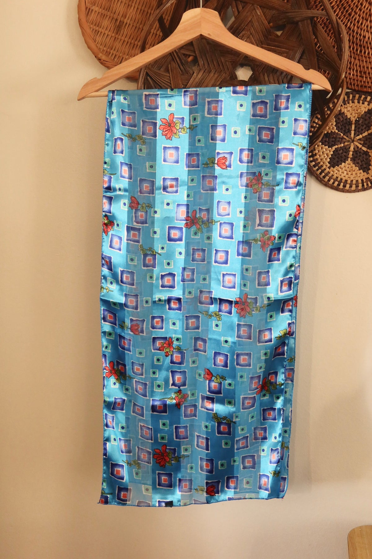 Blue Shiny Geometric & Floral Scarf