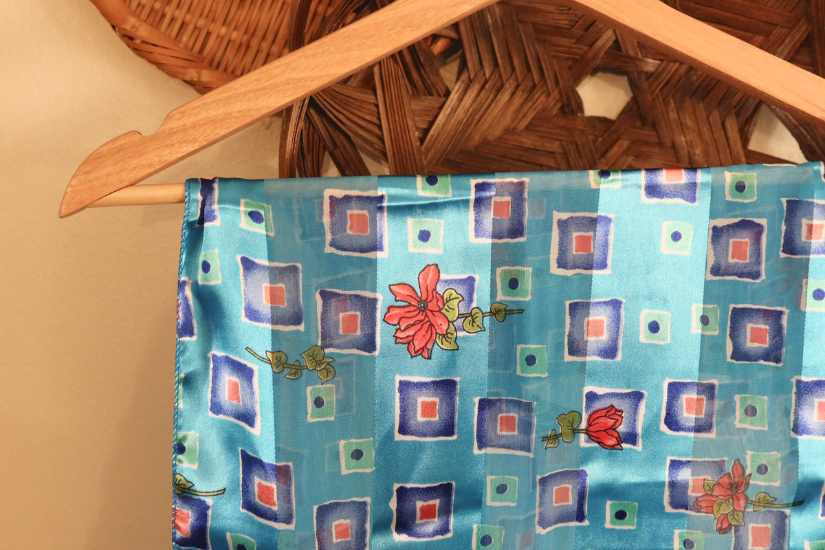 Blue Shiny Geometric & Floral Scarf