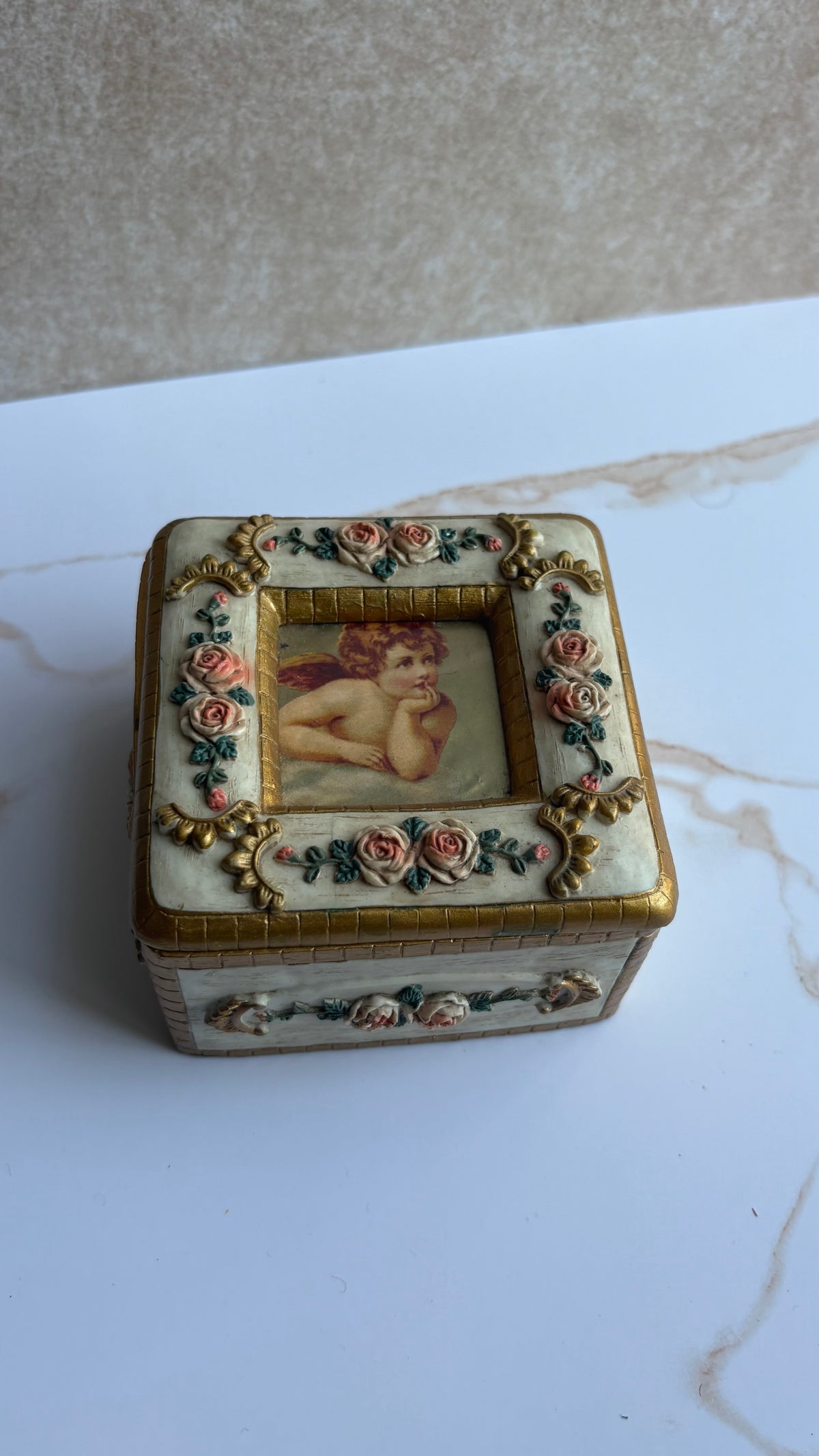 Victorian Style Cherub & Pink Rose Gilded Trinket Box
