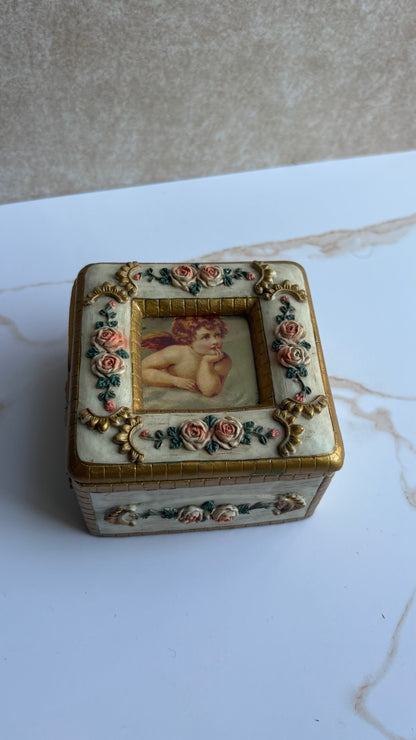 Victorian Style Cherub & Pink Rose Gilded Trinket Box