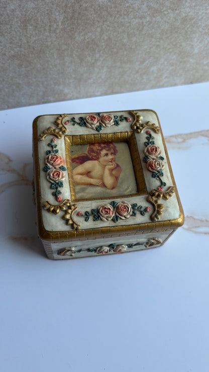 Victorian Style Cherub & Pink Rose Gilded Trinket Box