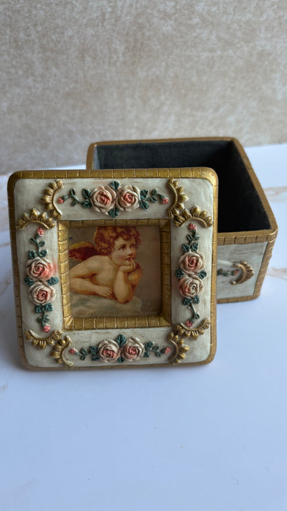Victorian Style Cherub & Pink Rose Gilded Trinket Box