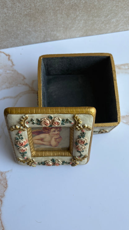 Victorian Style Cherub & Pink Rose Gilded Trinket Box