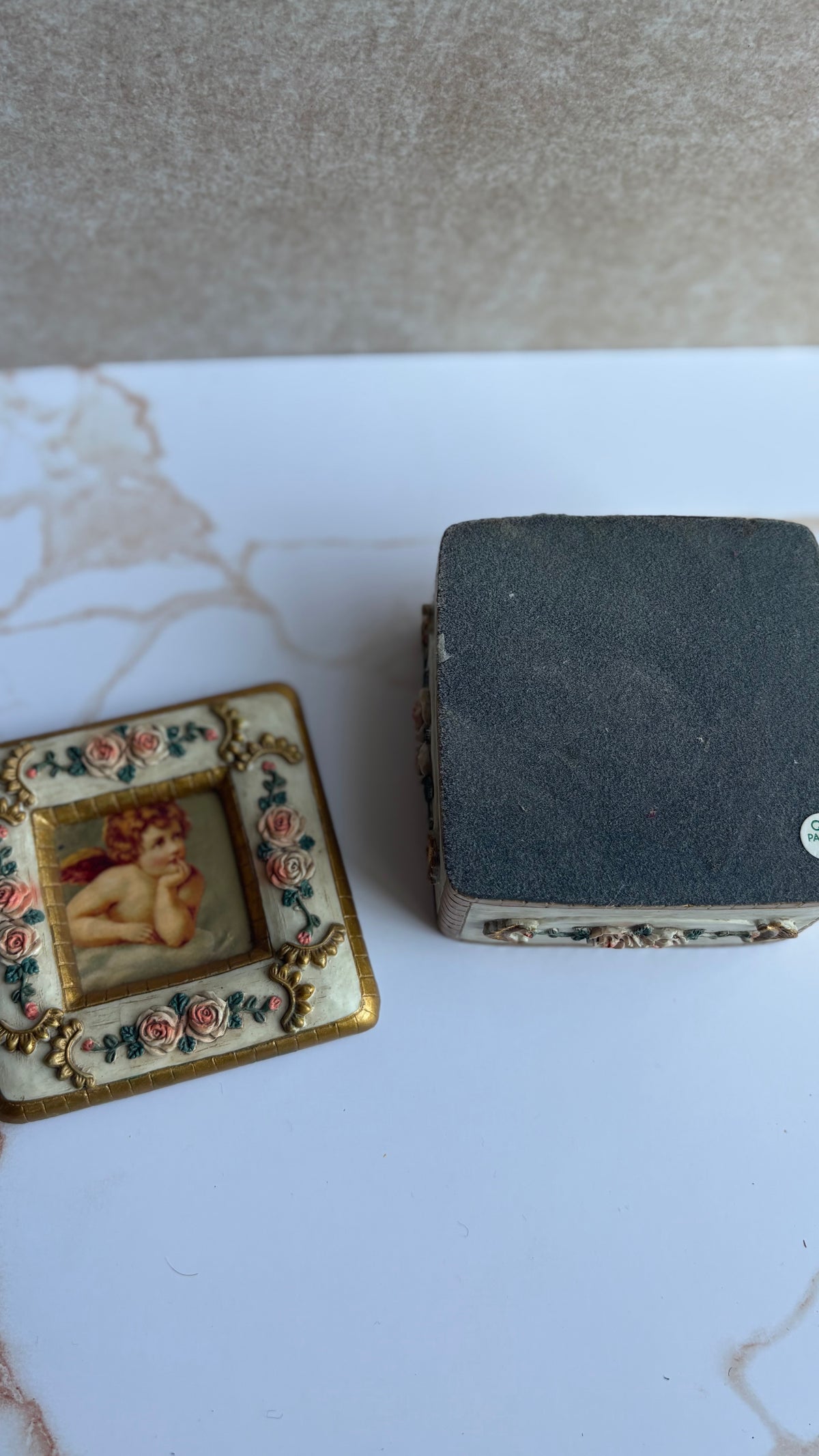 Victorian Style Cherub & Pink Rose Gilded Trinket Box
