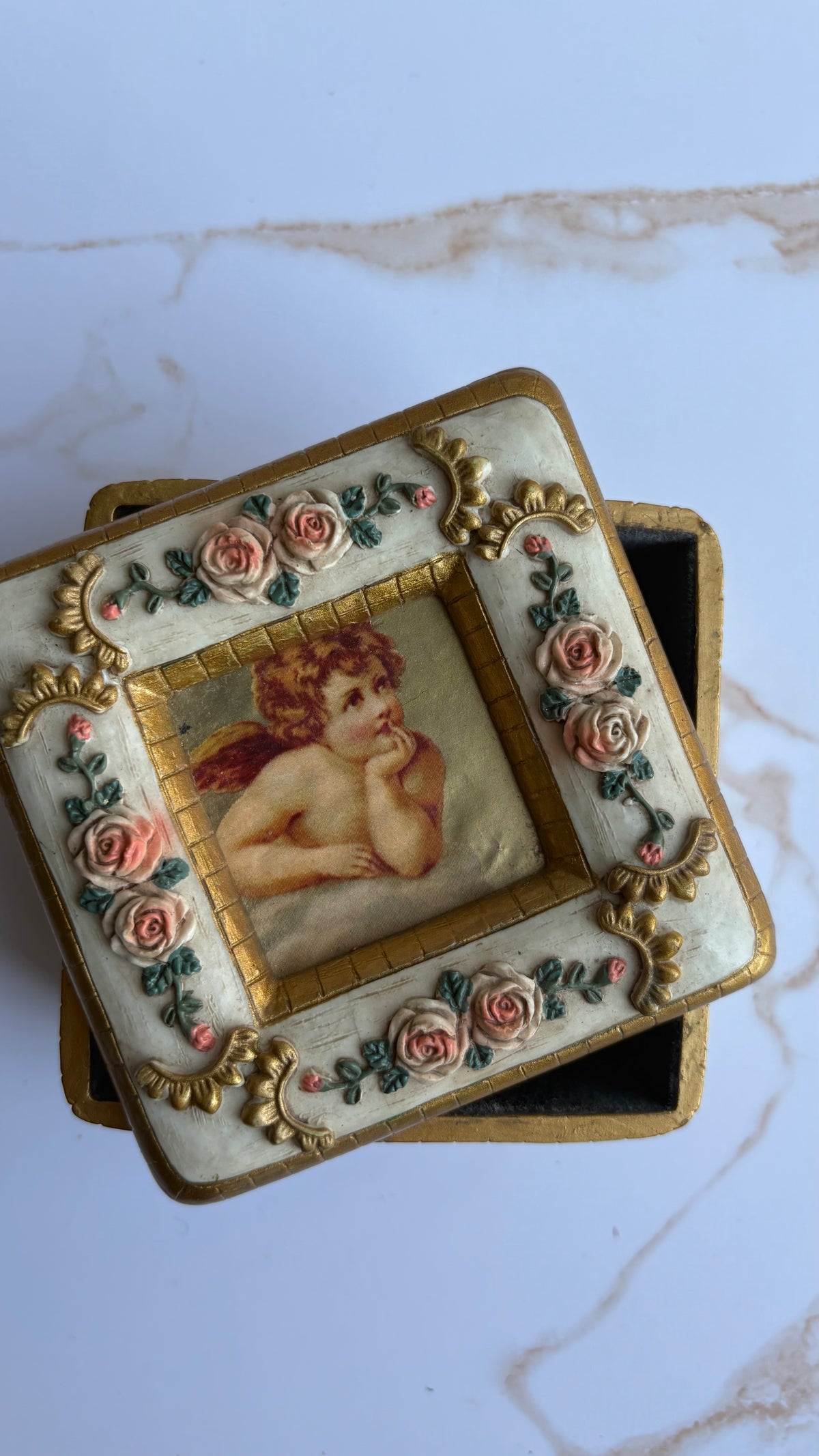 Victorian Style Cherub & Pink Rose Gilded Trinket Box