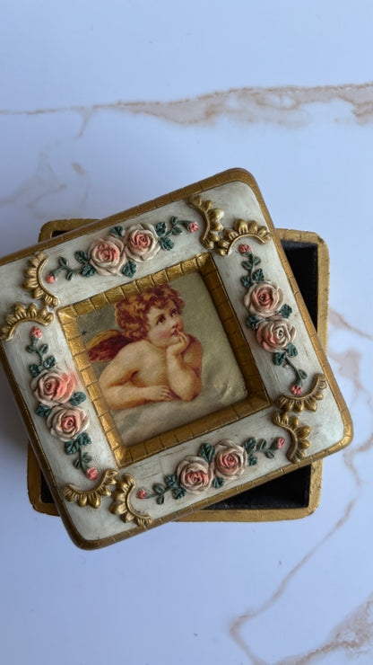 Victorian Style Cherub & Pink Rose Gilded Trinket Box