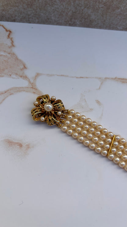 4-Strand Faux Pearl & Gold-Toned Bow Bracelet