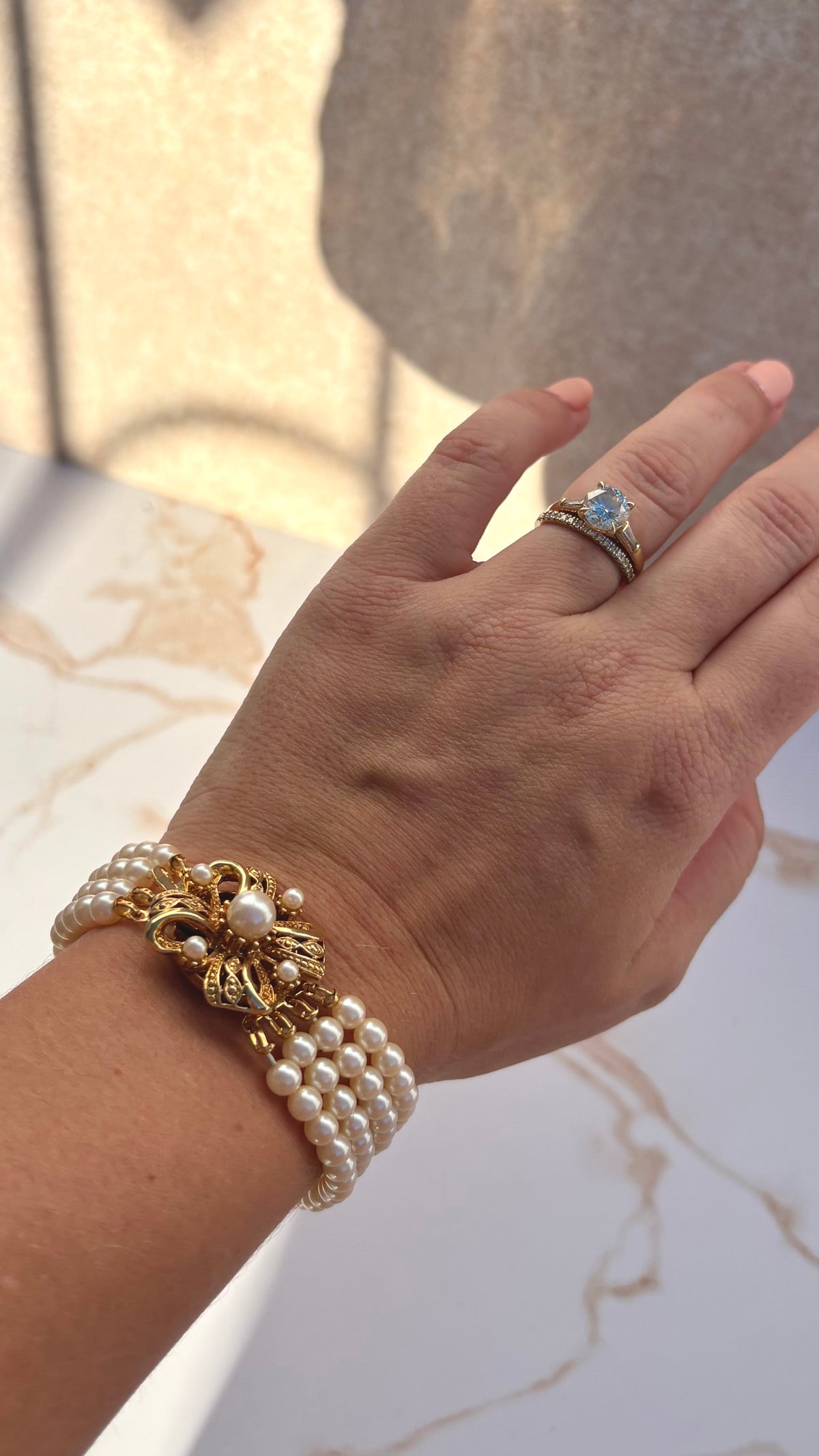 4-Strand Faux Pearl & Gold-Toned Bow Bracelet